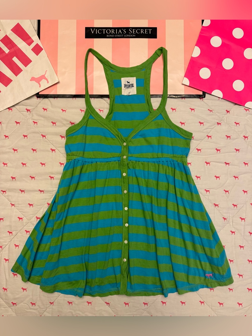 VS PINK VINTAGE Y2K BABYDOLL CAMI TANK TOP GREEN BLUE STRIPED EMBROIDERED DOG M
